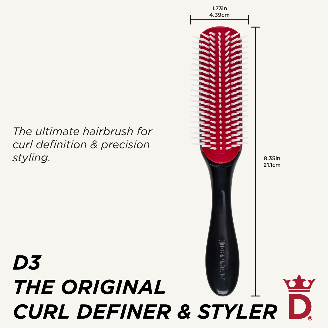 Denman D3 Black and Red brush in an official curl-styling graphic