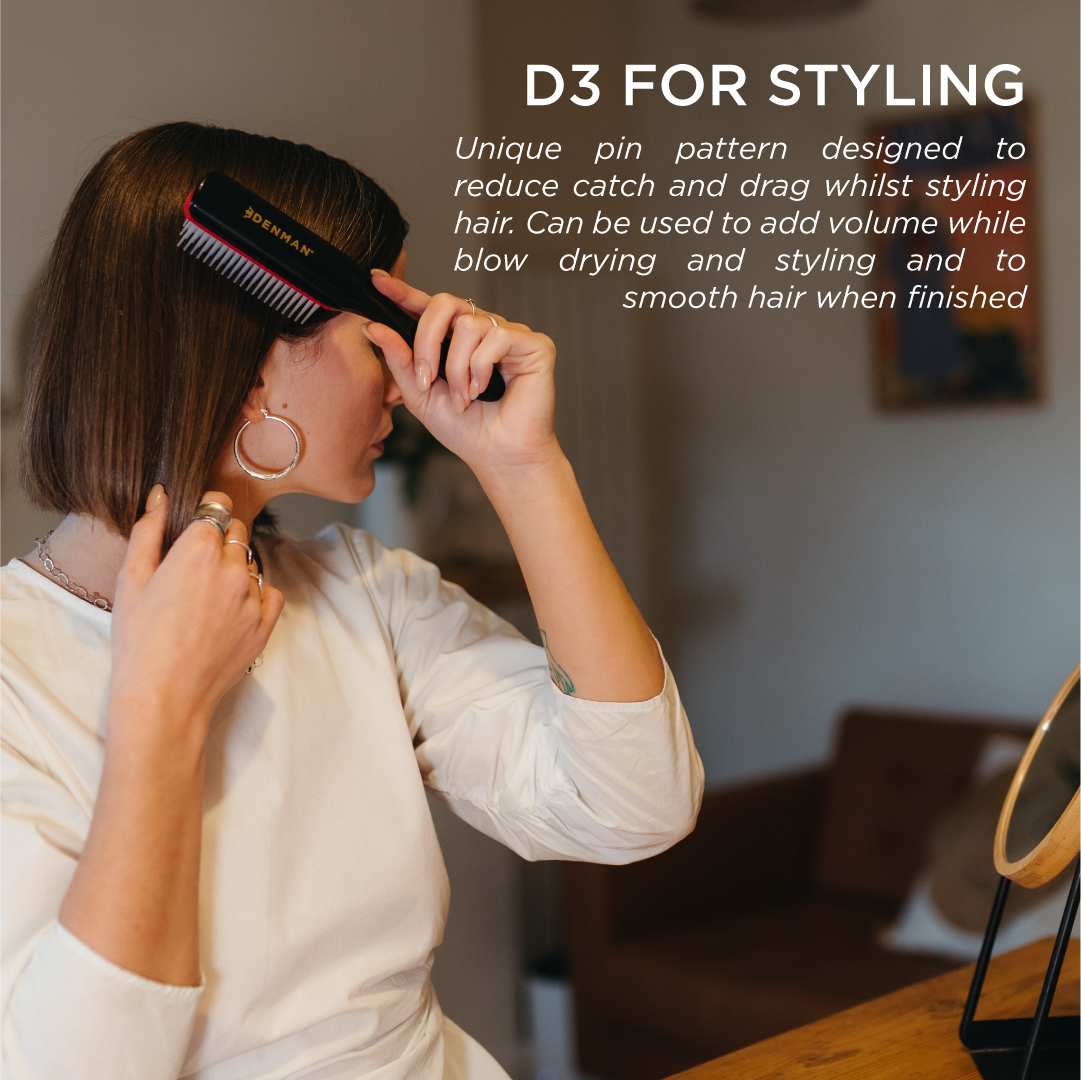 Denman D3 Black and Red brush shown in an official product feature graphic