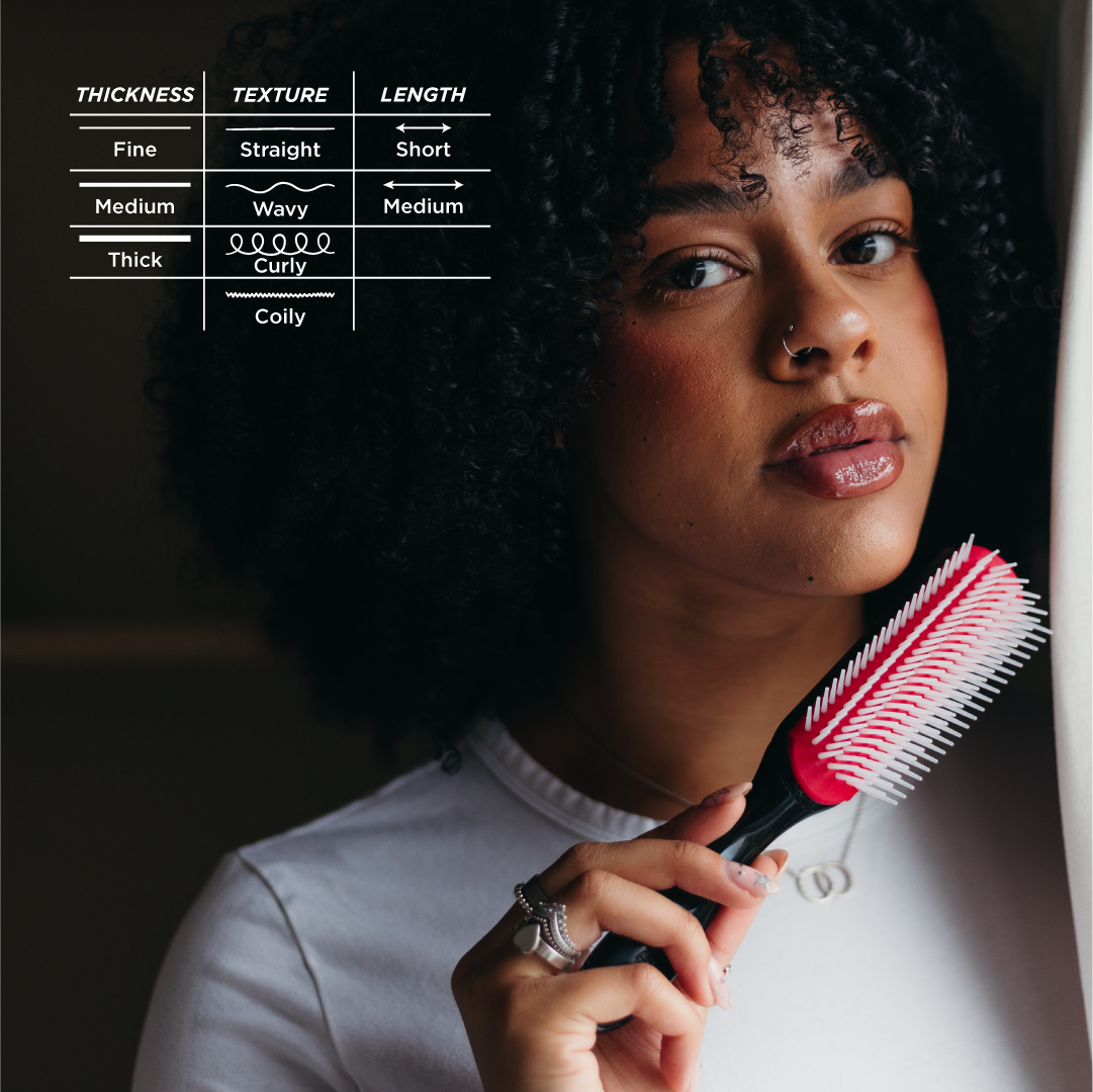 Denman D3 Black and Red seven-row brush in an official styling graphic