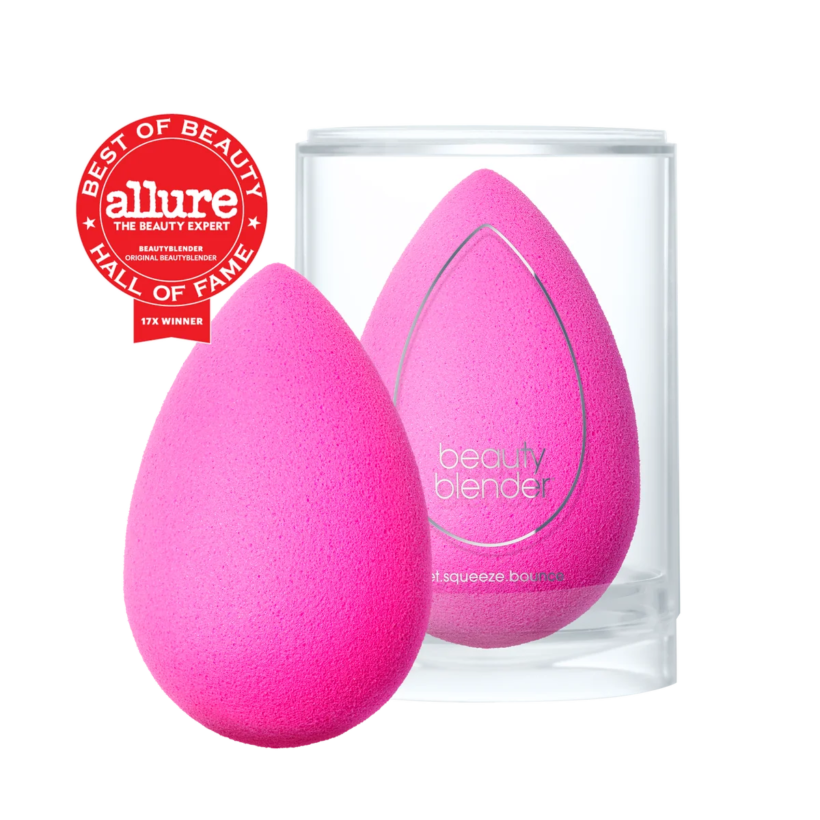 Original pink Beautyblender makeup sponge in its canister