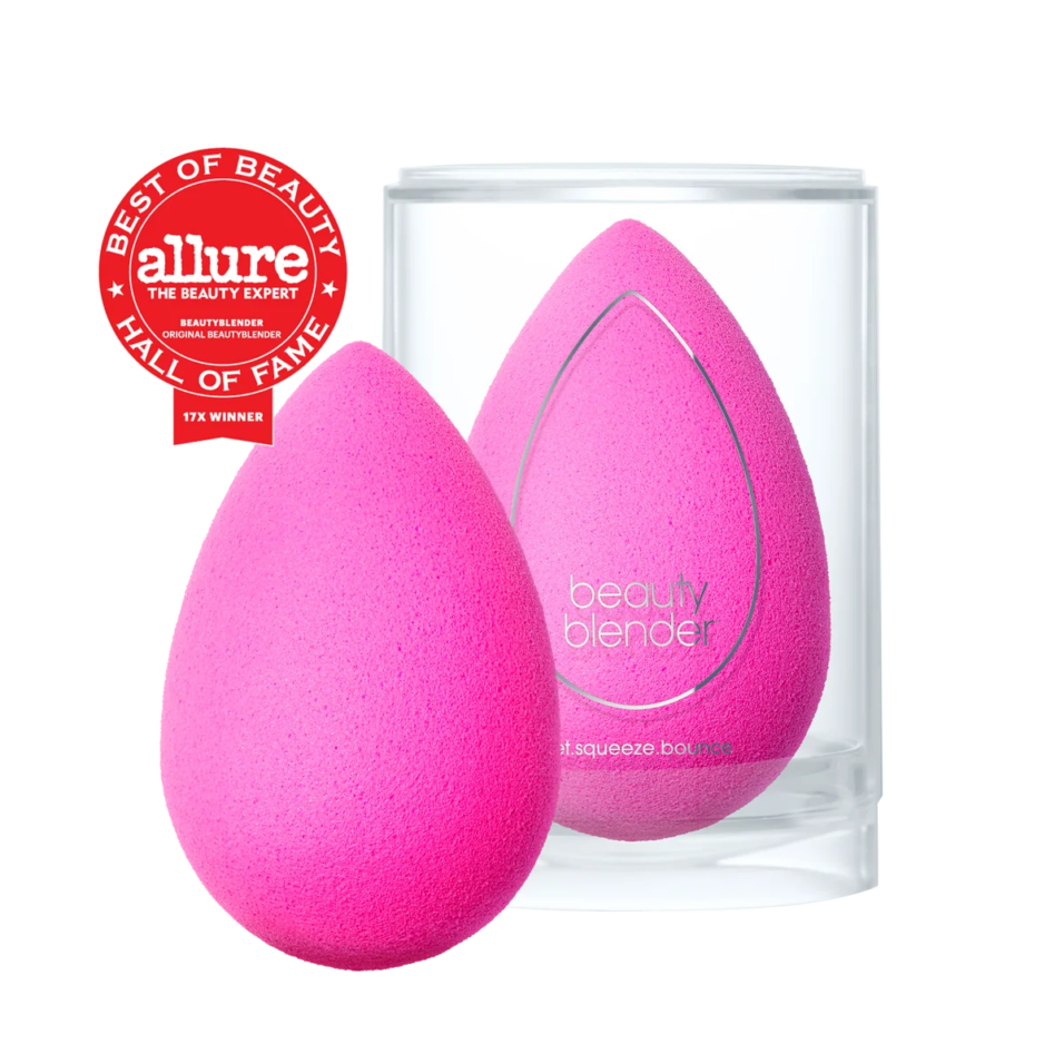 Original pink Beautyblender makeup sponge in its canister