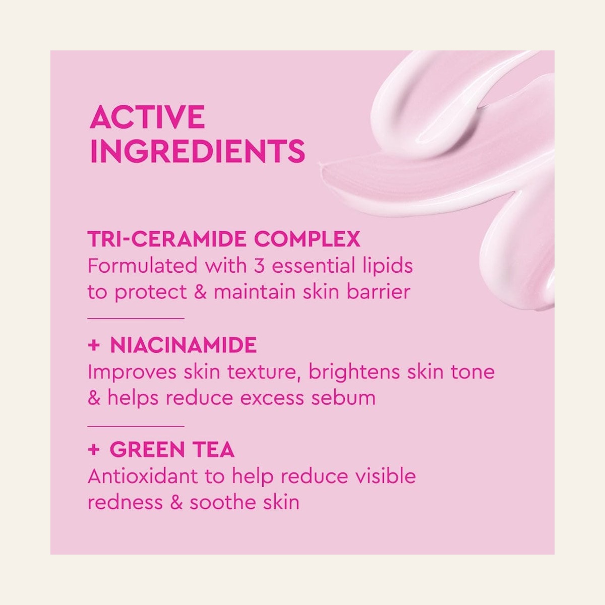 BYOMA Moisturizing Gel Cream ingredient graphic with ceramides, niacinamide and green tea