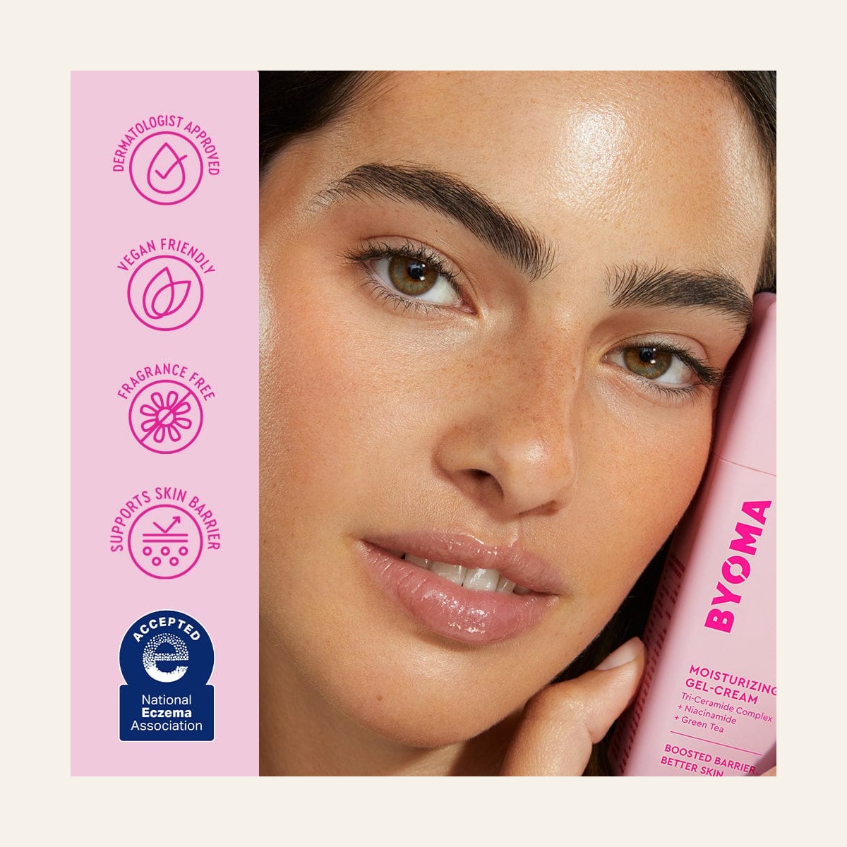 Model holding BYOMA Moisturizing Gel Cream 50 ml with brand icons