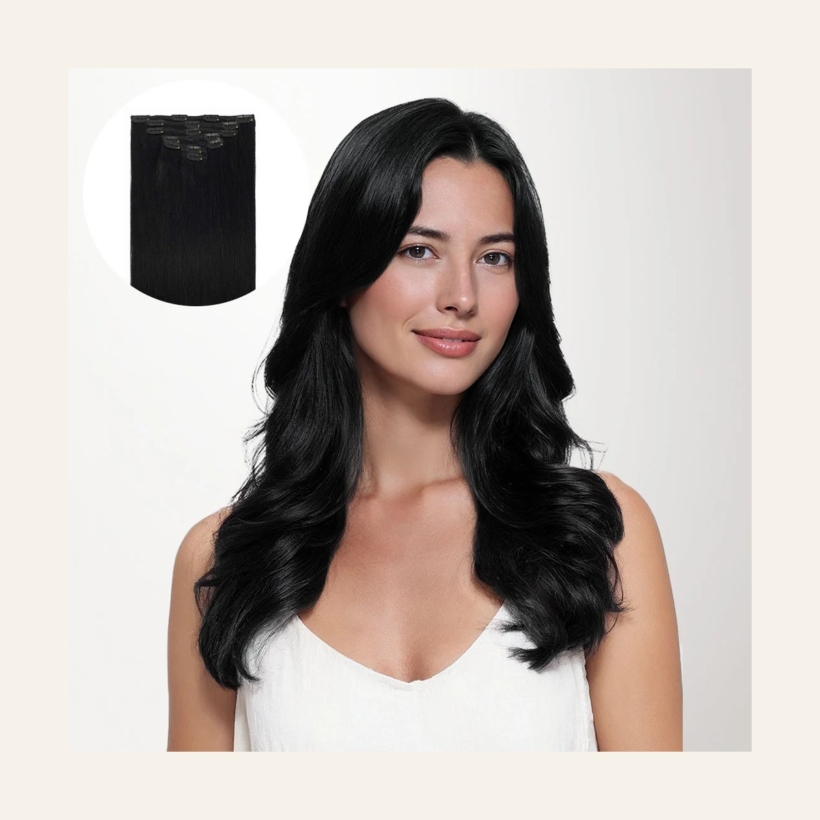 GOO GOO Jet Black Classic clip-in hair extensions with a model wearing the styled collection