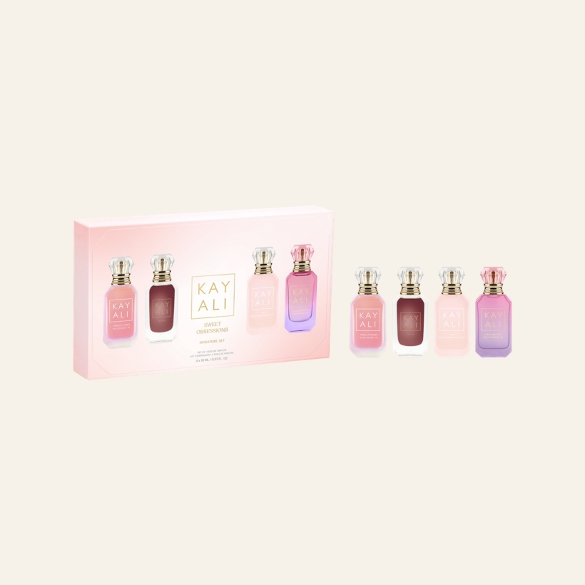 KAYALI Sweet Obsessions Miniature Set gift box with four matching miniature perfume bottles