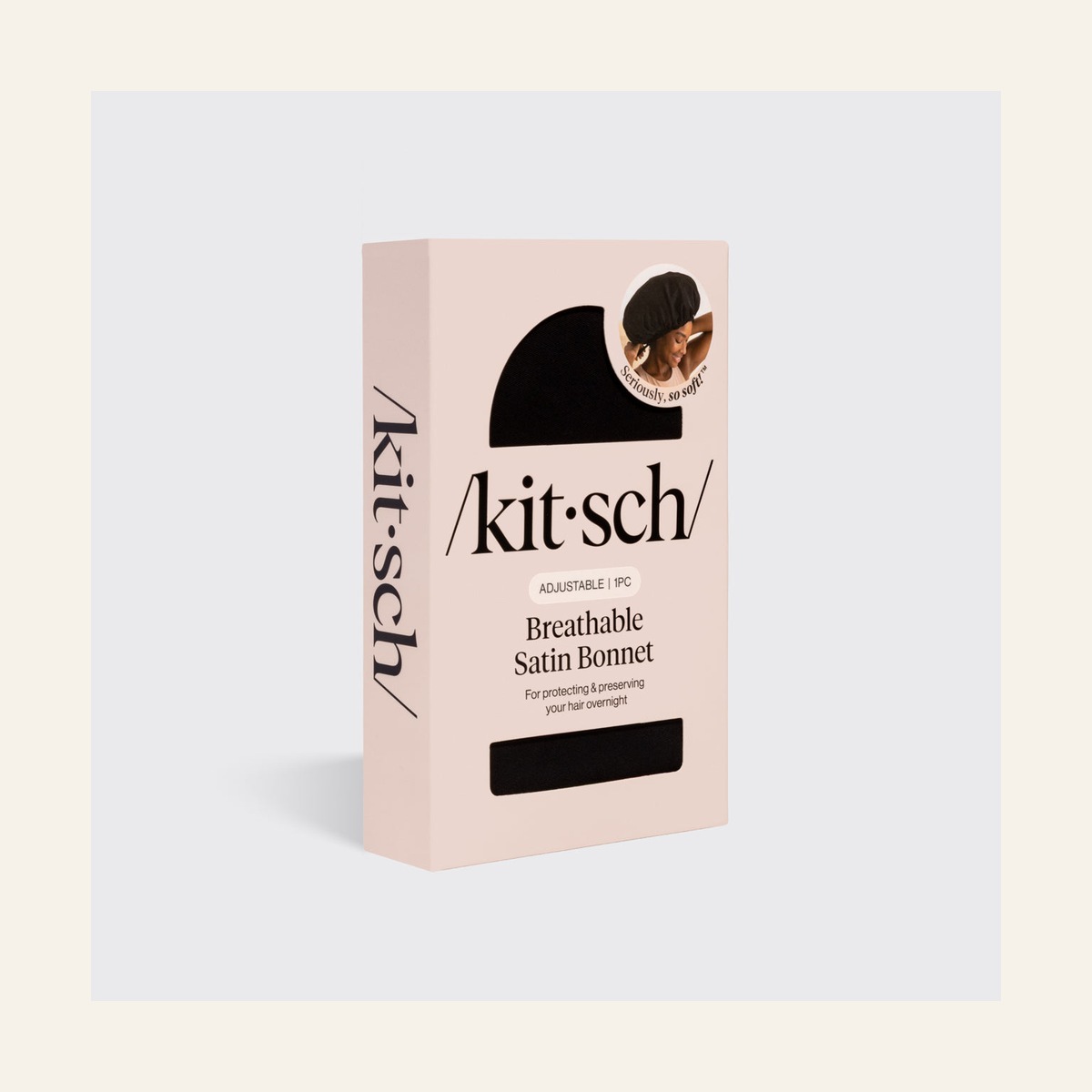 Retail packaging for the black Kitsch adjustable satin bonnet