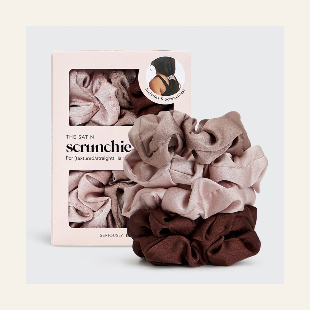 Kitsch Satin Sleep Scrunchies Cameo five-piece set beside its retail box