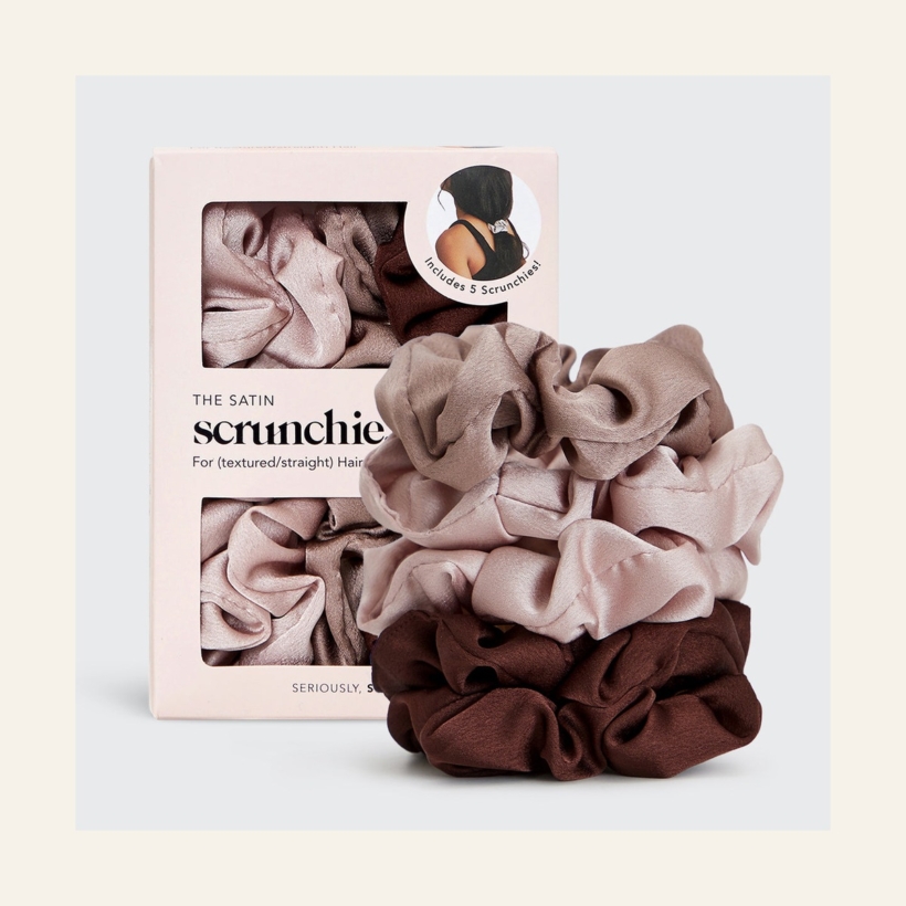 Kitsch Satin Sleep Scrunchies Cameo five-piece set beside its retail box