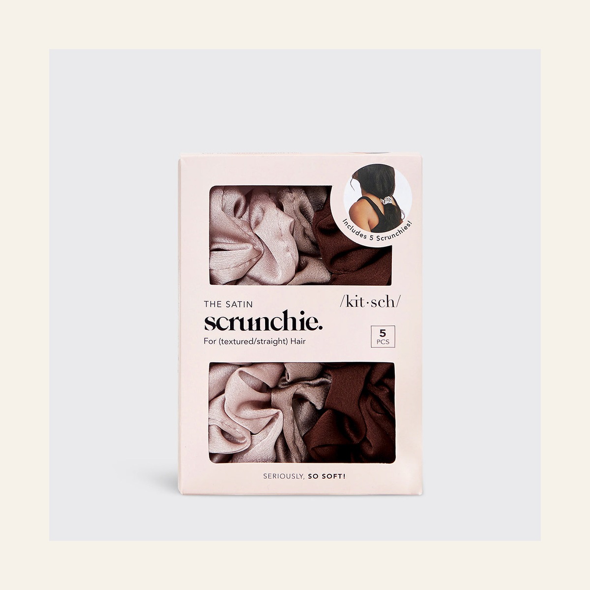 Retail package of Kitsch Cameo Satin Sleep Scrunchies containing five hair ties