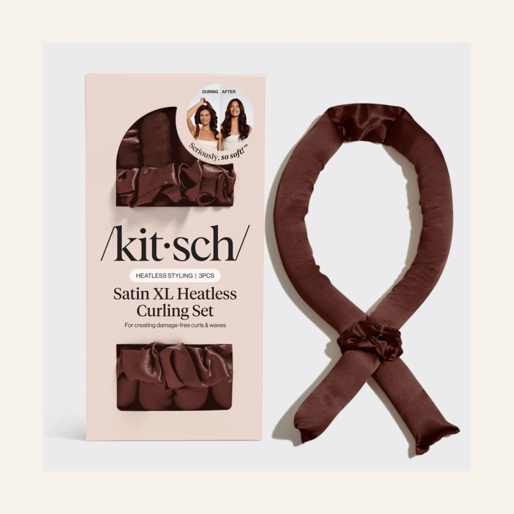 Kitsch Satin XL Heatless Curling Set in Chocolate with packaging, rod and two scrunchies