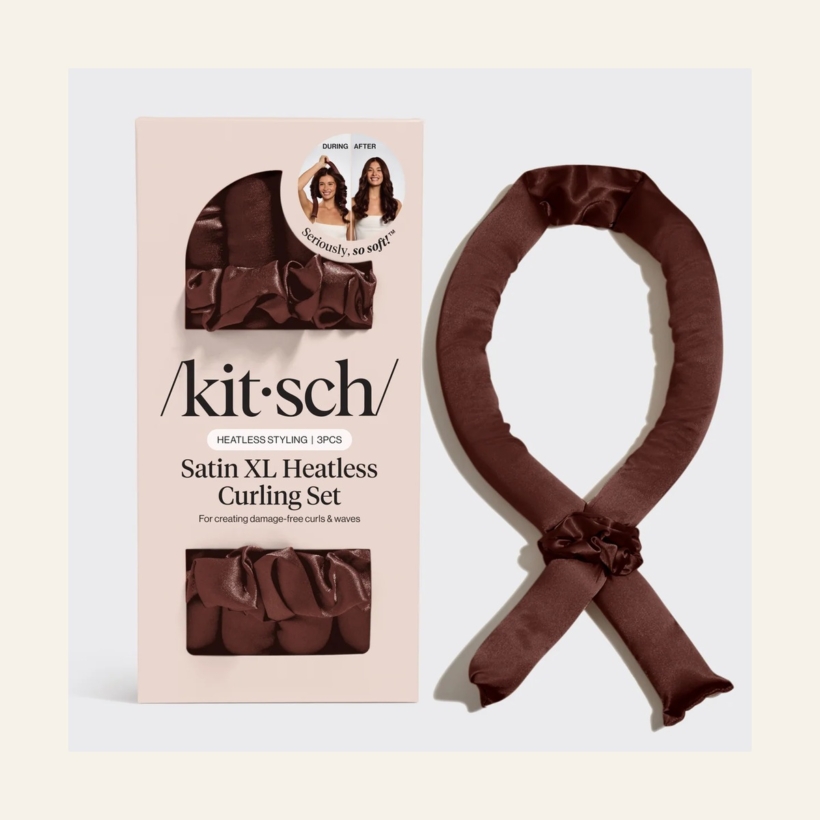 Kitsch Satin XL Heatless Curling Set in Chocolate with packaging, rod and two scrunchies