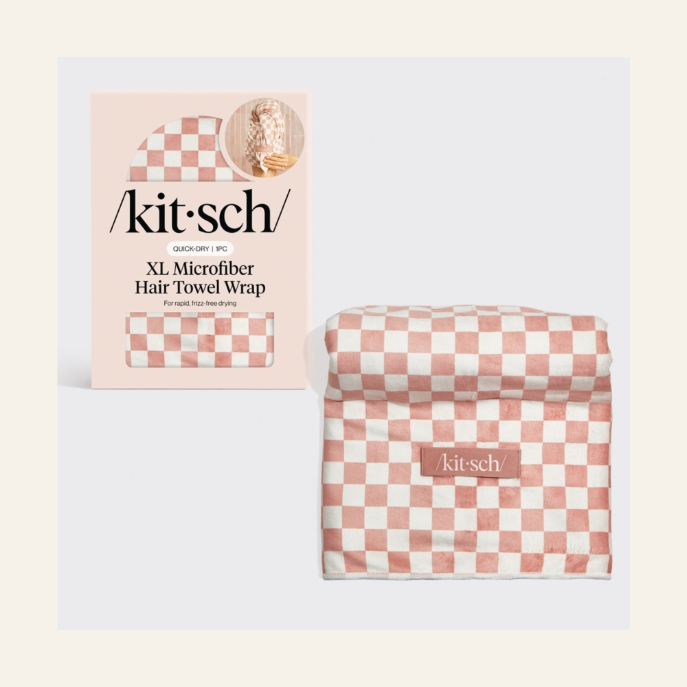 Kitsch XL Hair Towel in Terracotta Checker beside its retail packaging