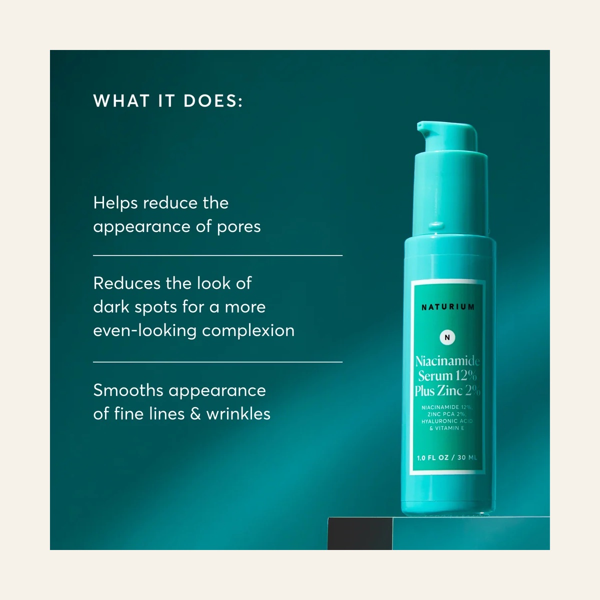 Naturium Niacinamide Serum 12% Plus Zinc 2% pump bottle in the brand’s benefits graphic