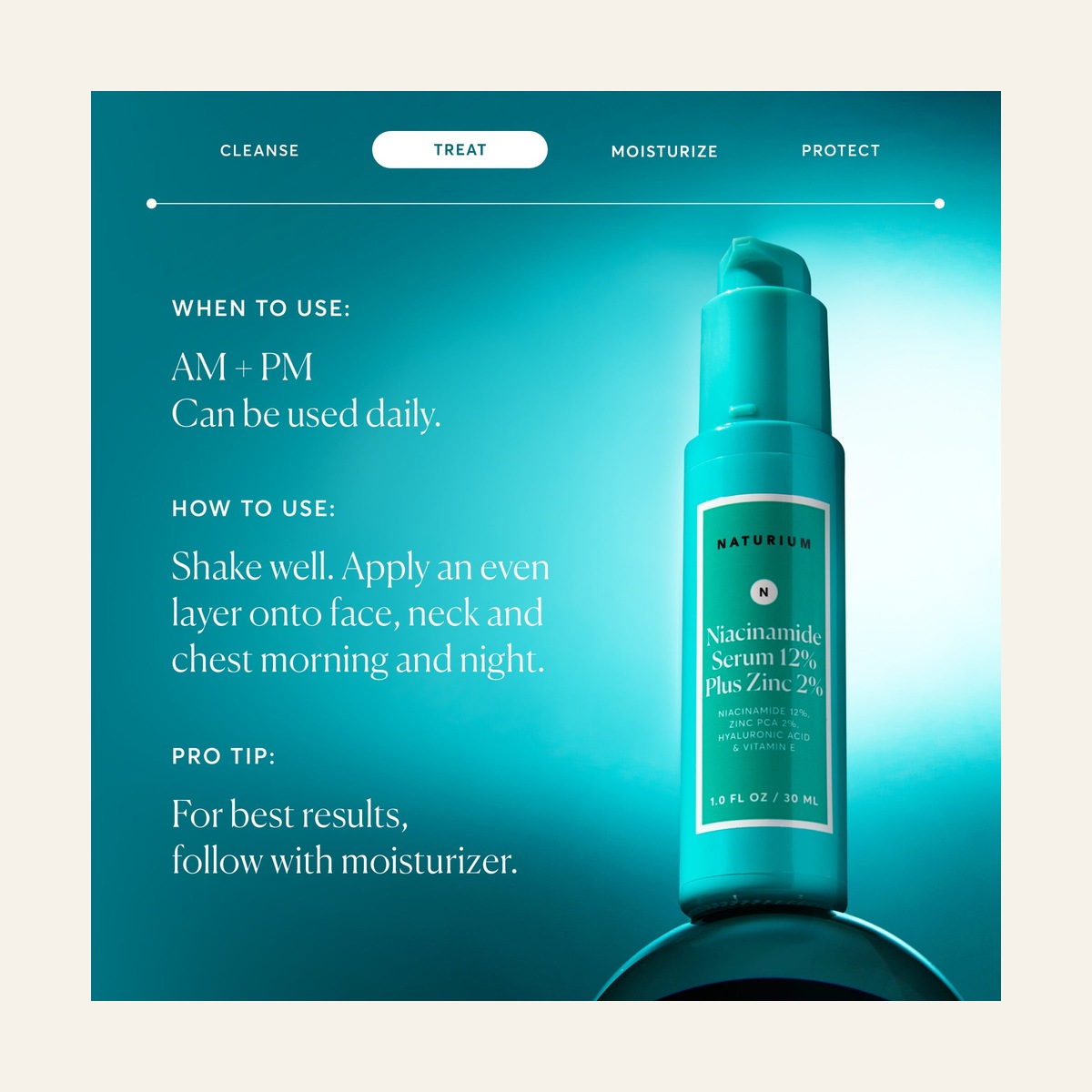 Naturium Niacinamide Serum 12% Plus Zinc 2% pump bottle with application instructions