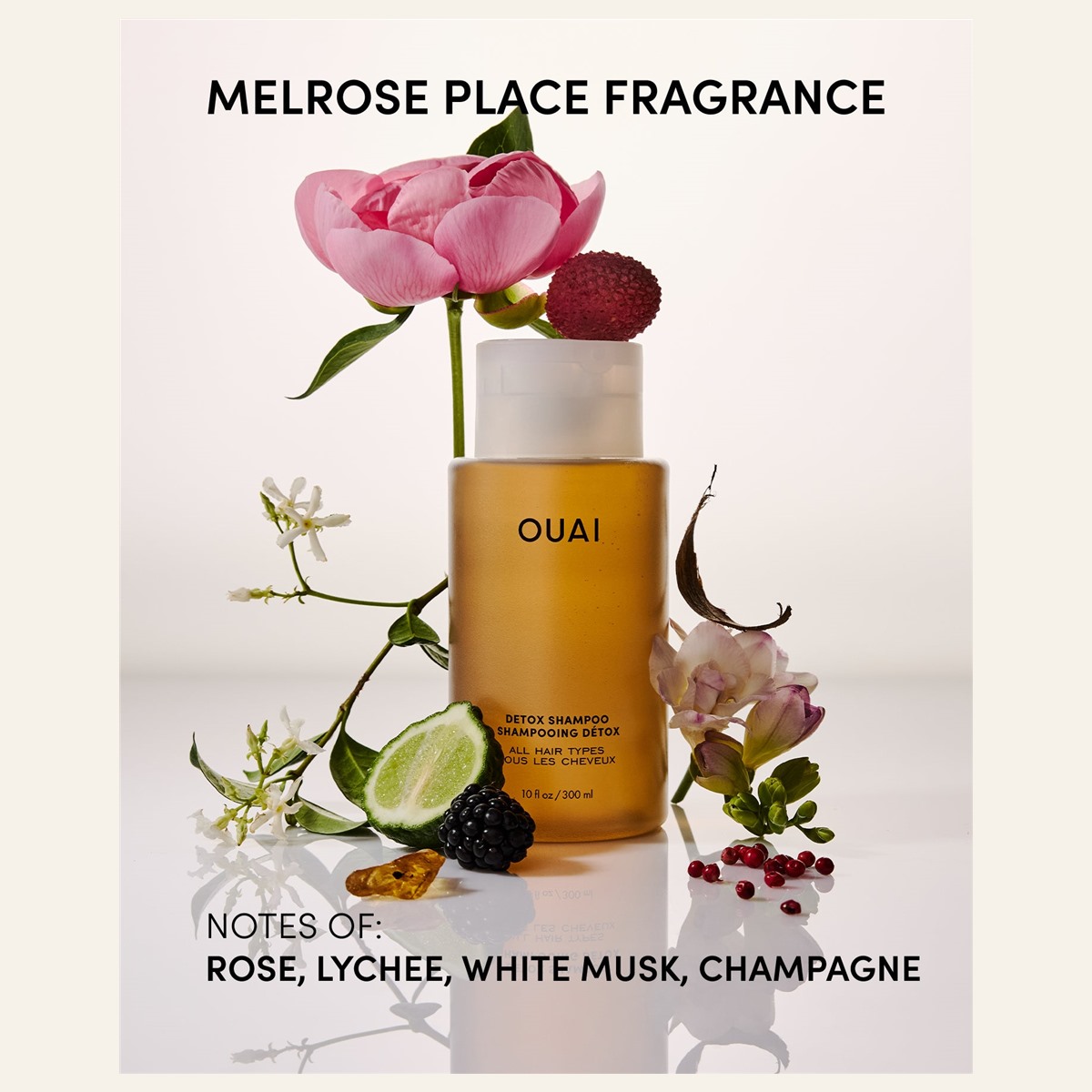 OUAI Detox Shampoo Melrose Place fragrance graphic with flowers
