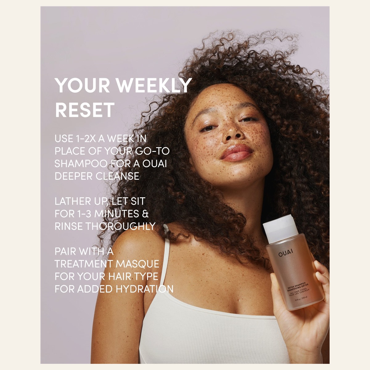 OUAI Detox Shampoo wash instructions beside a model holding the bottle