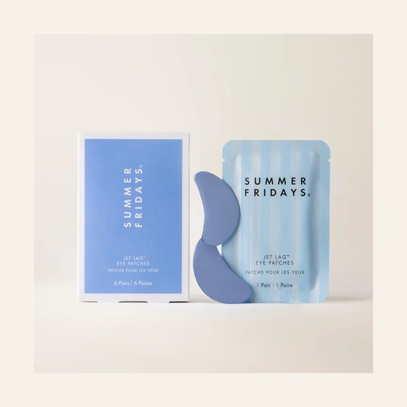 Summer Fridays Jet Lag Eye Patches six-pair box with an individual blue sachet and two patches