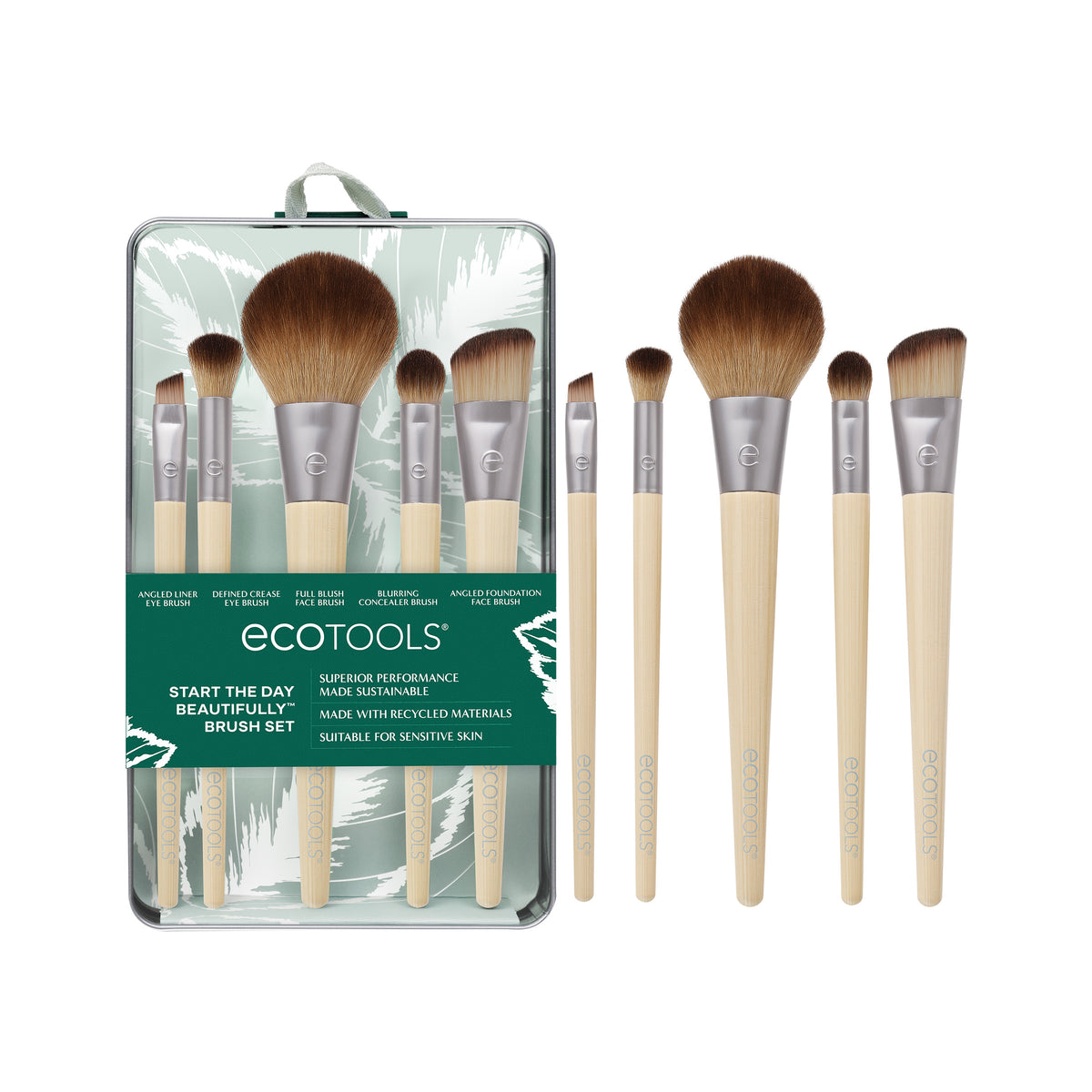 EcoTools Start the Day Beautifully kit packaging and five makeup brushes